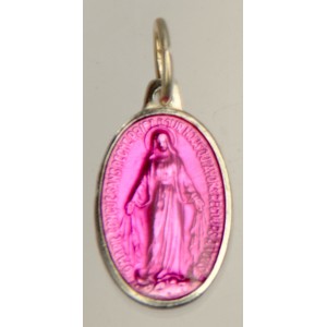 Médaille vierge de Lourdes émail rose.